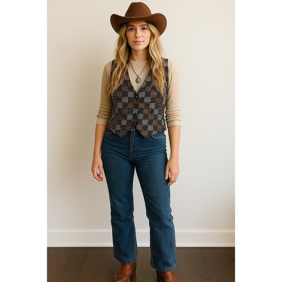 Vintage Effect! Brown Black Checkerboard Sequin Vest Medium Western Style - Picture 1 of 8